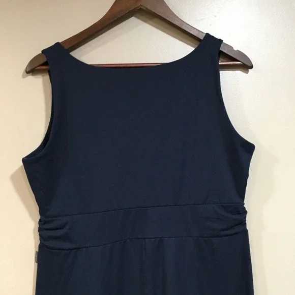 Eddie Bauer Womens L Tall Navy Blue V Neck Faux Wrap Ruched Waist Midi Dress - Picture 7 of 9